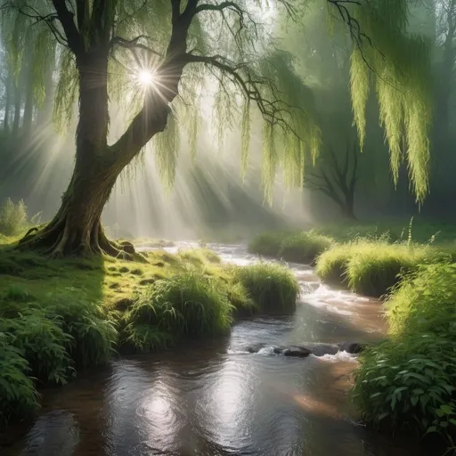 Prompt: celtic forest rainy with magical fog and rays of the sun, multiple streams, willow in the background