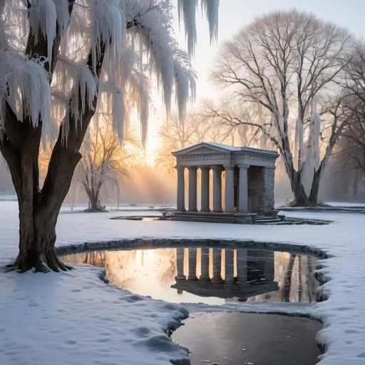 Prompt: early sunrise, frozen park, a tiny frozen pond in the middle of the park, icicles hanging on the branches, in the distance between the trees and bushes a tiny stone building with columns is visible, a delicate mist hangs in the air