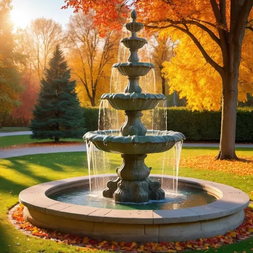 Prompt: gushing stone fountain in the park among trees and bushes in autumn colors in the light of the setting sun, lots of colorful leaves around on a green lawn