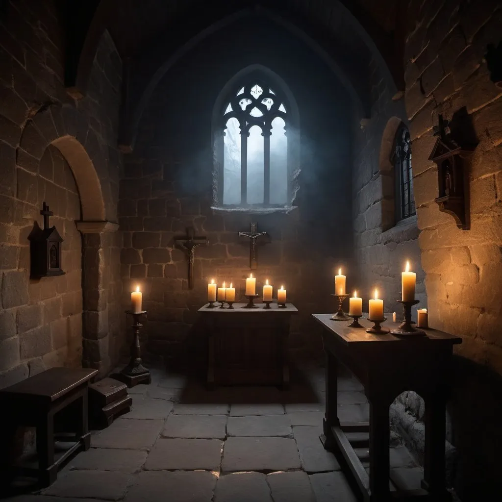 Prompt: dark, foggy interior of a small medieval chapel lit by moonlight, small lamps burning on the walls, a small candlestick with burning candles on the altar