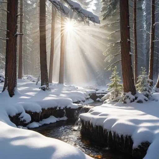 Prompt: snow-covered very dense coniferous forest with a rushing stream, sun rays are reflected in the stream, a fragment of an old stone plinth emerges from under the snow and a ray of sunlight falls on it, rising fog