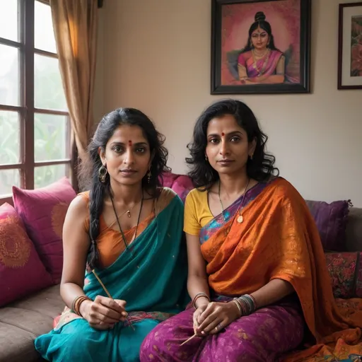 Prompt: In a cozy, dimly lit indian living room adorned with bright throw pillows, incense sticks, and a large window, Jumadi and Tridevi sit comfortably on a plush indian colorful couch. Jumadi, in her mid-thirties, has long, dark hair straight hair tied back in a loose ponytail. She wears saree and minimal makeup with a hint of sadness in her eyes. Tridevi, also in her mid-thirties, has long, curly hair open and wears a bright, colorful scarf over a indian top and bright skirt.