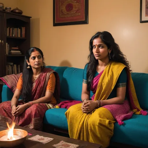 Prompt: In a cozy, dimly lit indian living room adorned with bright throw pillows, incense sticks burning,  Jumadi and Tridevi sit comfortably on a plush indian colorful couch talking. Jumadi, in her mid-thirties, has long, dark straight hair hair tied back in a loose ponytail. She wears saree and minimal makeup with a hint of sadness in her eyes. Tridevi, also in her mid-thirties, has long, thick and very curly hair left open and wears a bright, colorful scarf over a indian top and bright indian skirt. the atmosphere is moody.