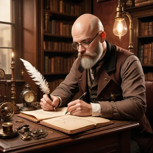 Prompt: Bald man with a beard and glasses, (writing with a quill and ink), elegant study filled with (steampunk objects), a cozy cat nearby, (romantic lighting), warm color tones enveloping the scene, ultra-detailed, inviting atmosphere, inviting and scholarly ambiance, beautiful background features books and vintage curiosities, high-resolution, cinematic perfection.