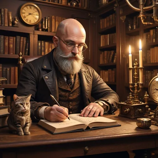 Prompt: (bald man with a beard and glasses), writing with a quill and ink, steampunk objects, cozy study setting, (romantic lighting), a curious cat nearby, intricate clockwork designs, detailed bookshelves filled with leather-bound volumes, warm golden tones, soft shadows, inviting atmosphere, (4K), (ultra-detailed), literary ambiance, whimsical touches.