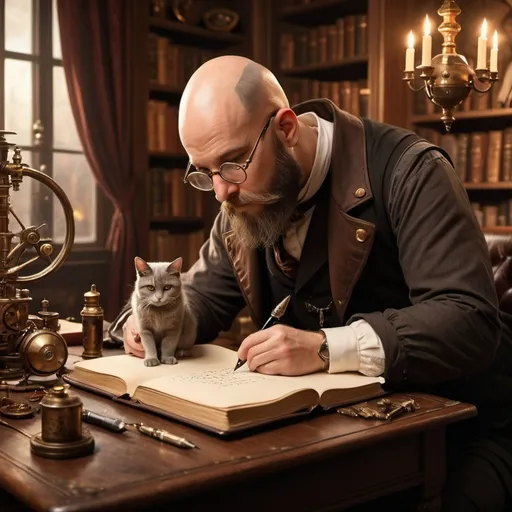 Prompt: Bald man with a beard and glasses, (writing with a quill and ink), elegant study filled with (steampunk objects), a cozy cat nearby, (romantic lighting), warm color tones enveloping the scene, ultra-detailed, inviting atmosphere, inviting and scholarly ambiance, beautiful background features books and vintage curiosities, high-resolution, cinematic perfection.