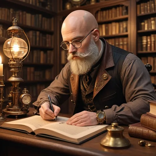 Prompt: (bald man with a beard and glasses), writing with a quill and ink, steampunk objects, cozy study setting, (romantic lighting), a curious cat nearby, intricate clockwork designs, detailed bookshelves filled with leather-bound volumes, warm golden tones, soft shadows, inviting atmosphere, (4K), (ultra-detailed), literary ambiance, whimsical touches.