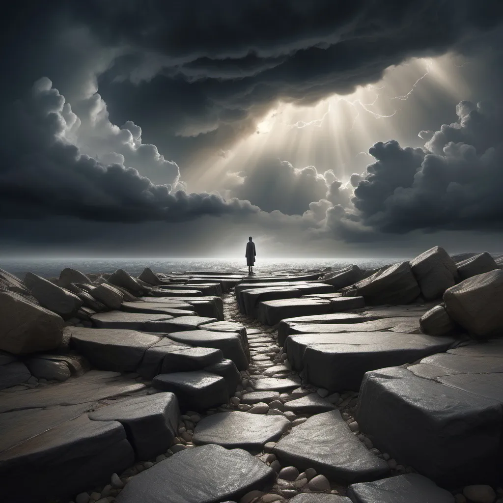 Prompt: A lone figure stands on a rocky path that stretches into the distance, symbolizing a difficult journey. The environment around them shifts between stormy clouds and patches of sunlight, representing the ebb and flow of trials and consolations in life. Despite the turbulent weather, the figure stands tall with their face tilted toward a distant, radiant light breaking through the clouds, symbolizing divine presence and guidance. They wear simple, humble clothing, and their posture is one of quiet determination, holding a small lantern close to their chest, which glows faintly—a symbol of their unwavering faith and inner light through darkness. In the background, a subtle image of a large cross emerges from the sky, faint but ever-present, representing God’s fidelity and constant presence. The landscape is a mix of barren, difficult terrain and small blooms of flowers, showing how life and grace persist even in adversity.