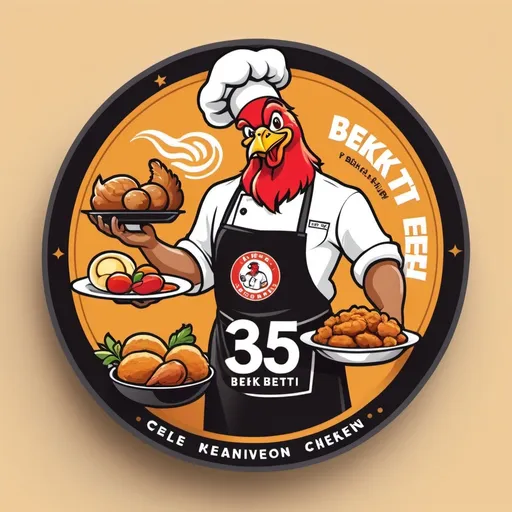 Prompt: The 3d text logo reads "BEKTI" at the top at the bottom "KREMES", with the mascot Indonesian man aged 40, handsome body, wearing an apron, wearing a chef's hat, hand holding a pan, inside a circle, decorated with the logo of a rooster and fried chicken.