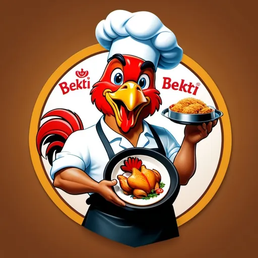 Prompt: The 3d text logo reads "BEKTI" at the top at the bottom "KREMES", with the mascot Indonesian man aged 40, handsome body, wearing an apron, wearing a chef's hat, hand holding a pan, inside a circle, decorated with the logo of a rooster and fried chicken.