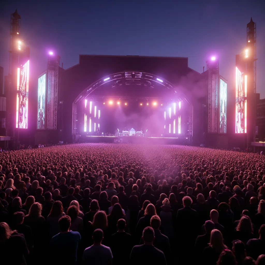 Prompt: Make me a picture of a big open air concert with many people
