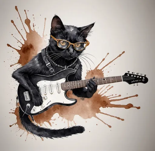 Prompt: Black Cat with black and white guitar, aquarelle, tattoo, splashes, punk, black glasses, brown eyes