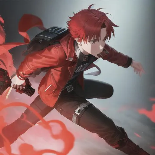 Prompt: A boy, 16 years old, red hair, wearing red jacket, red gas mask, and demon horn, holding a giant red sword