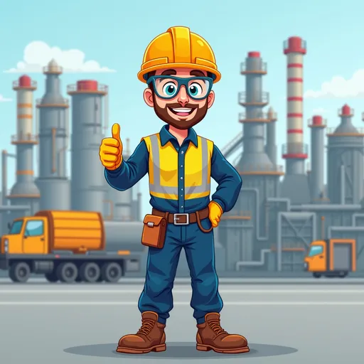 Prompt: A male industrial worker from Bahrain wearing full personal protective equipment (PPE) at an aluminium smelter. He is standing proudly in front of a factory background. He wears a yellow safety helmet, safety glasses, reflective high-visibility vest, navy blue coveralls, gloves, and steel-toe boots. He is smiling and giving a thumbs up. The background includes industrial aluminium plant elements like large tanks, pipes, and smelter structures. Daylight setting, clean and safe environment. Professional and friendly look. "in cartoon style, vibrant colors, clean lines, friendly face, simple background"



