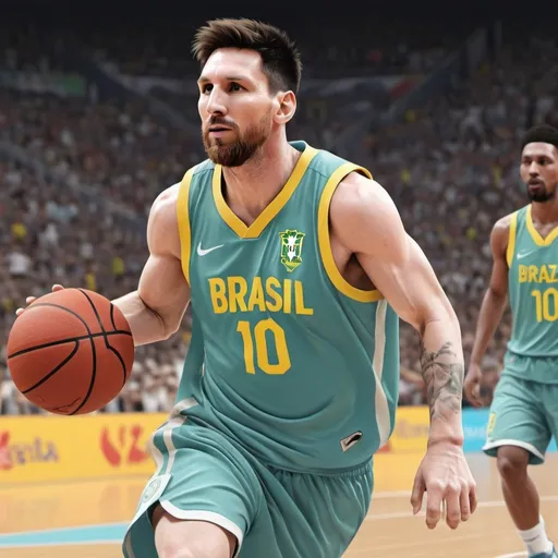 Prompt: Lionel Messi is a tall basketball player, playing basketball on court, trying to score, a lot of basketball players around, wearing brazil dress, realistic, pastel color, detailed, soft colors
