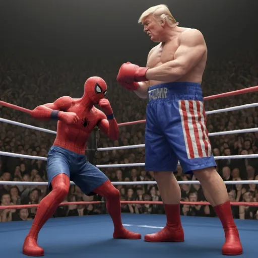 Prompt: there are 2 persons one is spaiderman and second is Donald trump, they are in boxing ring prepare to fight, high quality, detailed, realistic