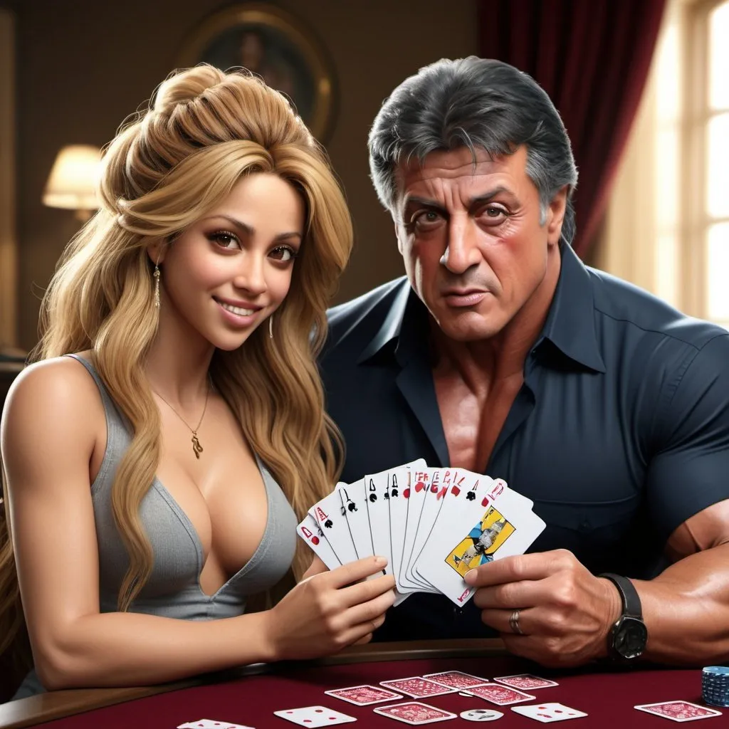 Prompt: Shakira And Sylvester Stallone are playing cards, 3 d animated movie, animated film, 3 d animation demo reel, photorealistic disney, beautiful render, cinematic shot!, weta disney, 3d magical details, disney 2d animation still, animation film, pixar renderman render, in style of disney animation