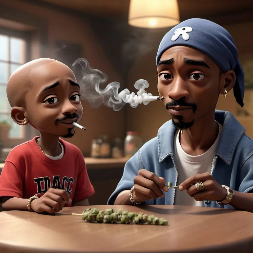 Prompt: little 2pac and little snoop dog smoke marijuana in restoraunt, 3 d animated movie, animated film, 3 d animation demo reel, photorealistic disney, beautiful render, cinematic shot!, weta disney, 3d magical details, disney 2d animation still, animation film, pixar renderman render, in style of disney animation