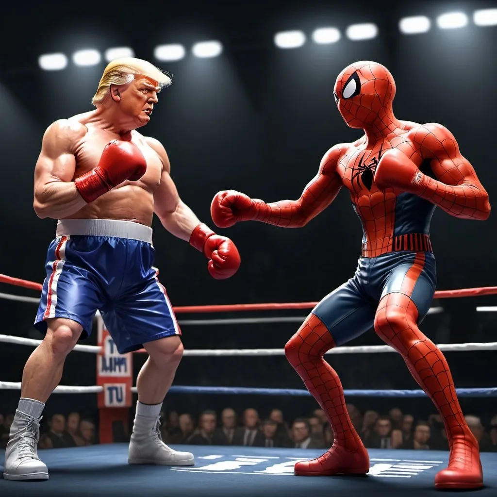 Prompt: there are 2 persons one is spaiderman and second is Donald trump, they are in boxing ring prepare to fight, high quality, detailed, realistic