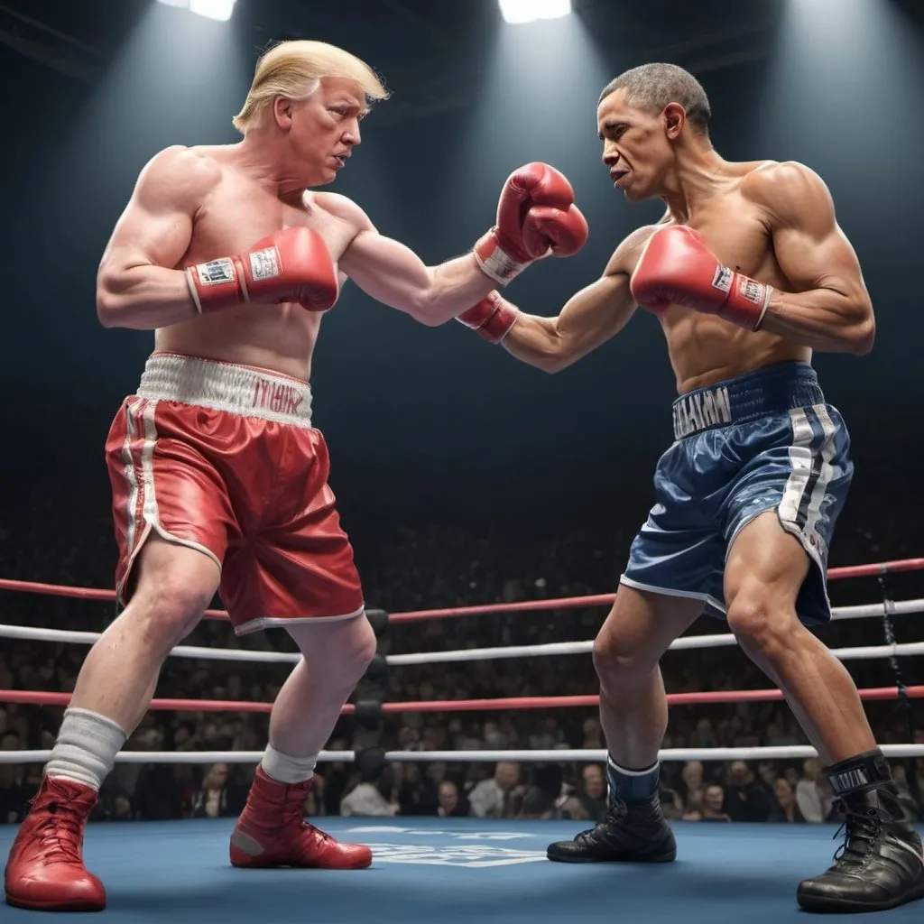 Prompt: there are 2 persons one is Barack Obama and second is Donald trump, they are in boxing ring prepare to fight, high quality, detailed, realistic, natural lighting