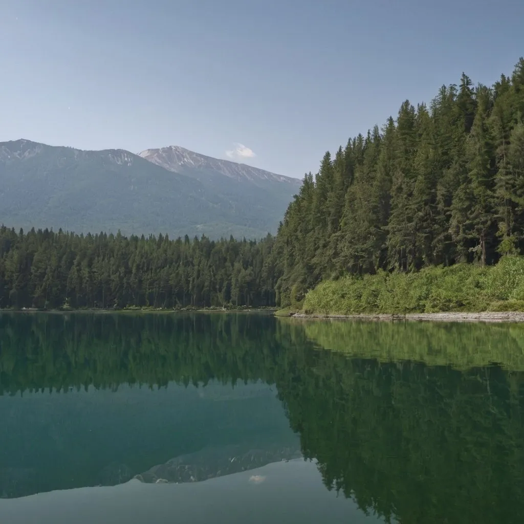 Prompt: Lake with forest and mountains behind it