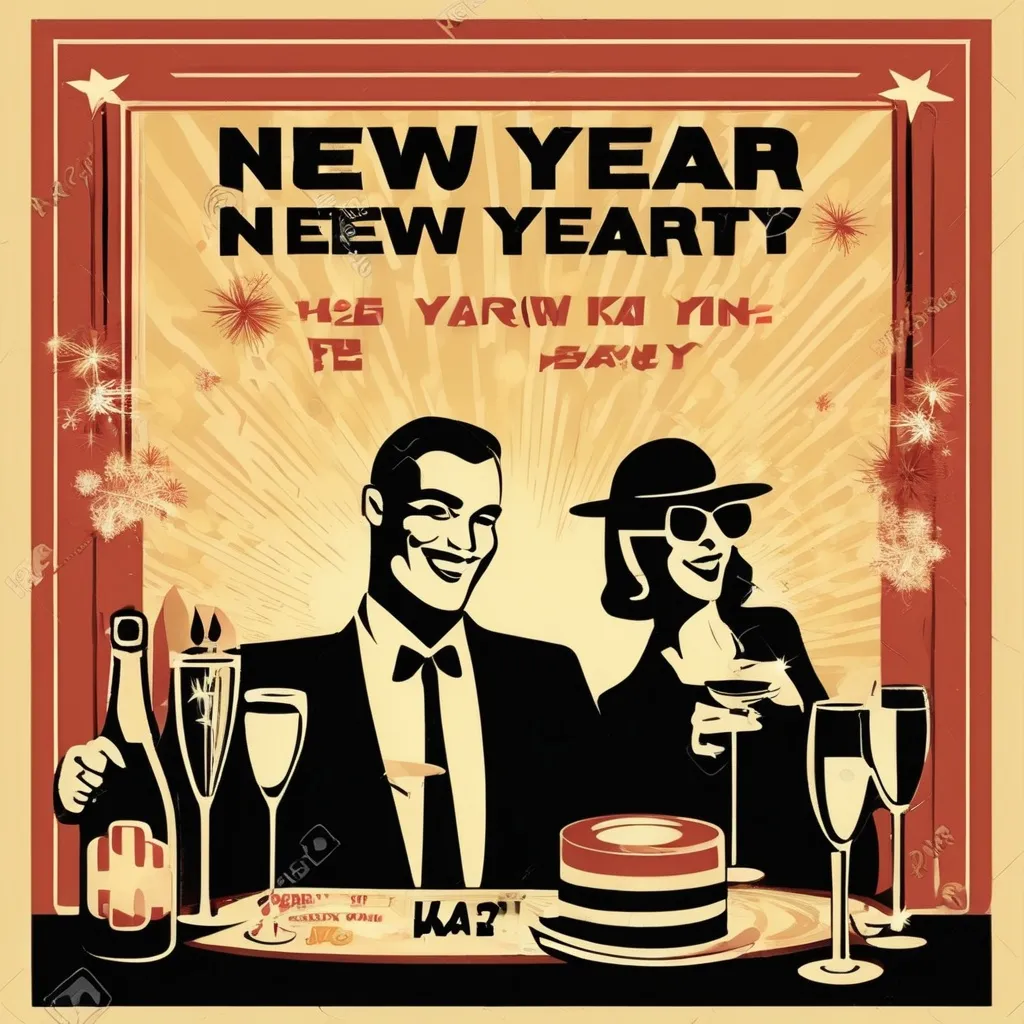 Prompt: retro poster for new year party, text in left and big test in middle