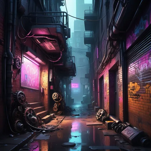 Prompt: Cyberpunk alleyway (deep with neon hues), dramatic shadows, a (dead end) blocked by a brick wall, cluttered with a pile of gears and robot parts, vibrant graffiti splashed on the damp walls, a flickering lamp emitting a faint, eerie glow, atmospheric mist swirling, gritty and dystopian vibe, intricate details captured in (ultra-detailed) style, an overarching sense of urban decay, mystery lurking at every corner.