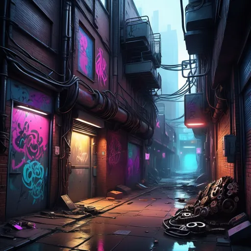 Prompt: Cyberpunk alleyway (deep with neon hues), dramatic shadows, a (dead end) blocked by a brick wall, cluttered with a pile of gears and robot parts, vibrant graffiti splashed on the damp walls, a flickering lamp emitting a faint, eerie glow, atmospheric mist swirling, gritty and dystopian vibe, intricate details captured in (ultra-detailed) style, an overarching sense of urban decay, mystery lurking at every corner.