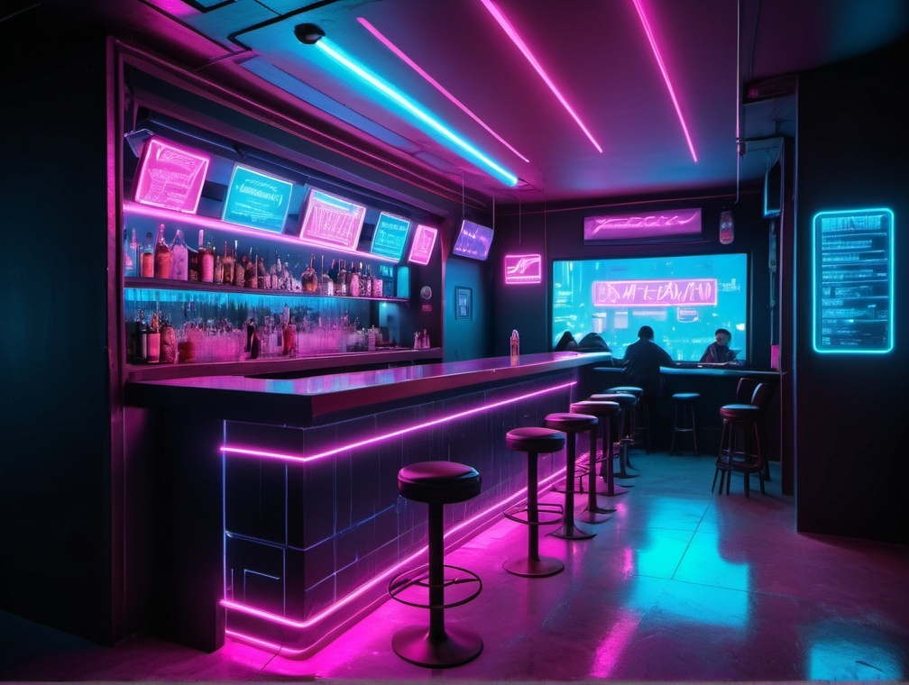 Prompt: Cyberpunk bar with atmospheric neon lighting, pink and blue color palette, holographic menus, futuristic technology, reflections in smooth surfaces