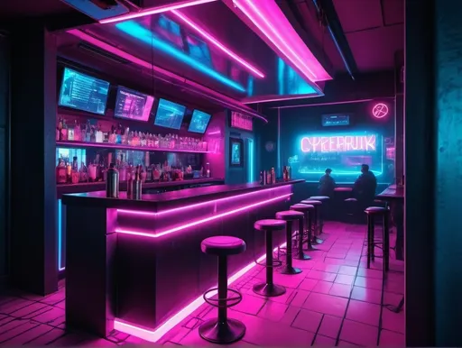 Prompt: Cyberpunk bar with atmospheric neon lighting, pink and blue color palette, holographic menus, futuristic technology, reflections in smooth surfaces