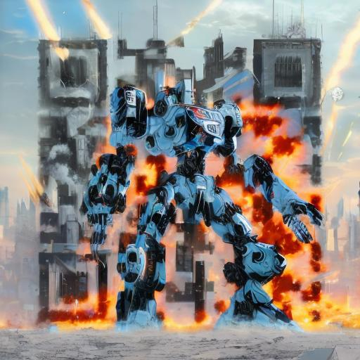 Prompt: masterpiece, best quality, mecha, no humans, black armor, blue eyes, science fiction, fire, laser canon beam, war, conflict, destroyed city background