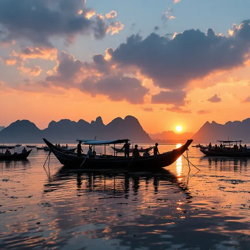 Prompt: create a photo of fishing village fishing boat and people sunset vietnam