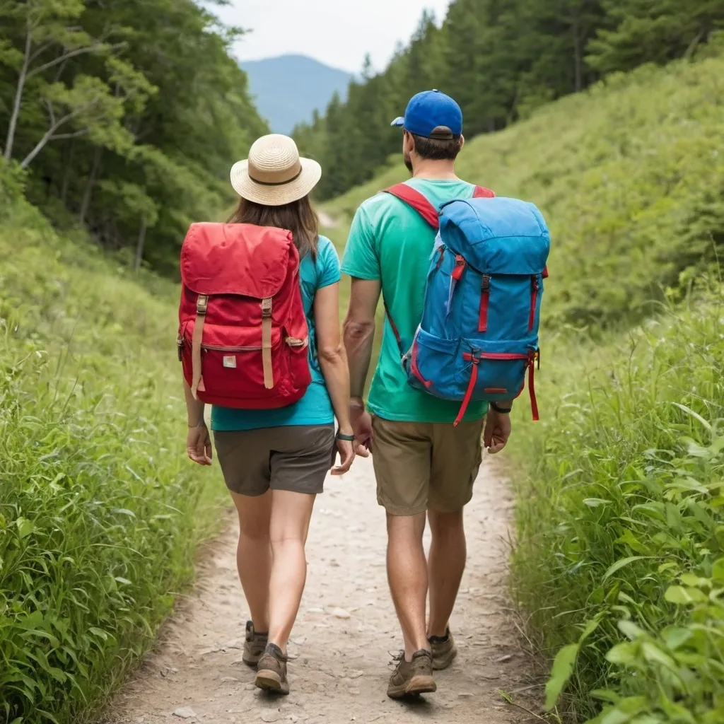 Prompt: Two hikers, a man and a woman, the woman has a straw hat and the man has a blue cap. both people from behind on the same path. The man has a green backpack and the woman has a red backpack. There is a shell hanging on each backpack

