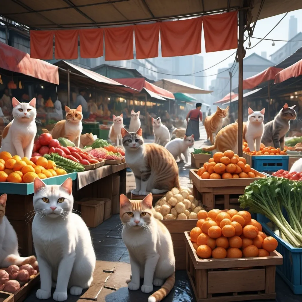 Prompt: Cats working at wet market