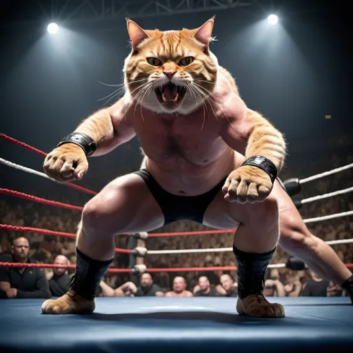 Prompt: Cat fighting in wrestling with the undertaker