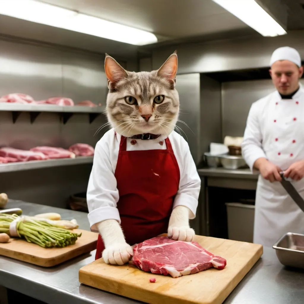 Prompt: Cat working as butcher