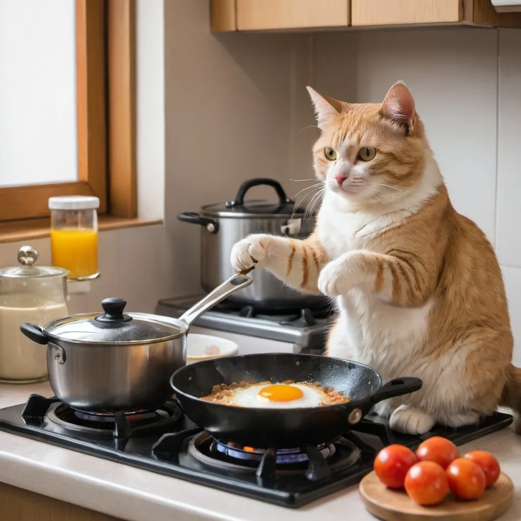 Prompt: Cat is cooking for breakfast