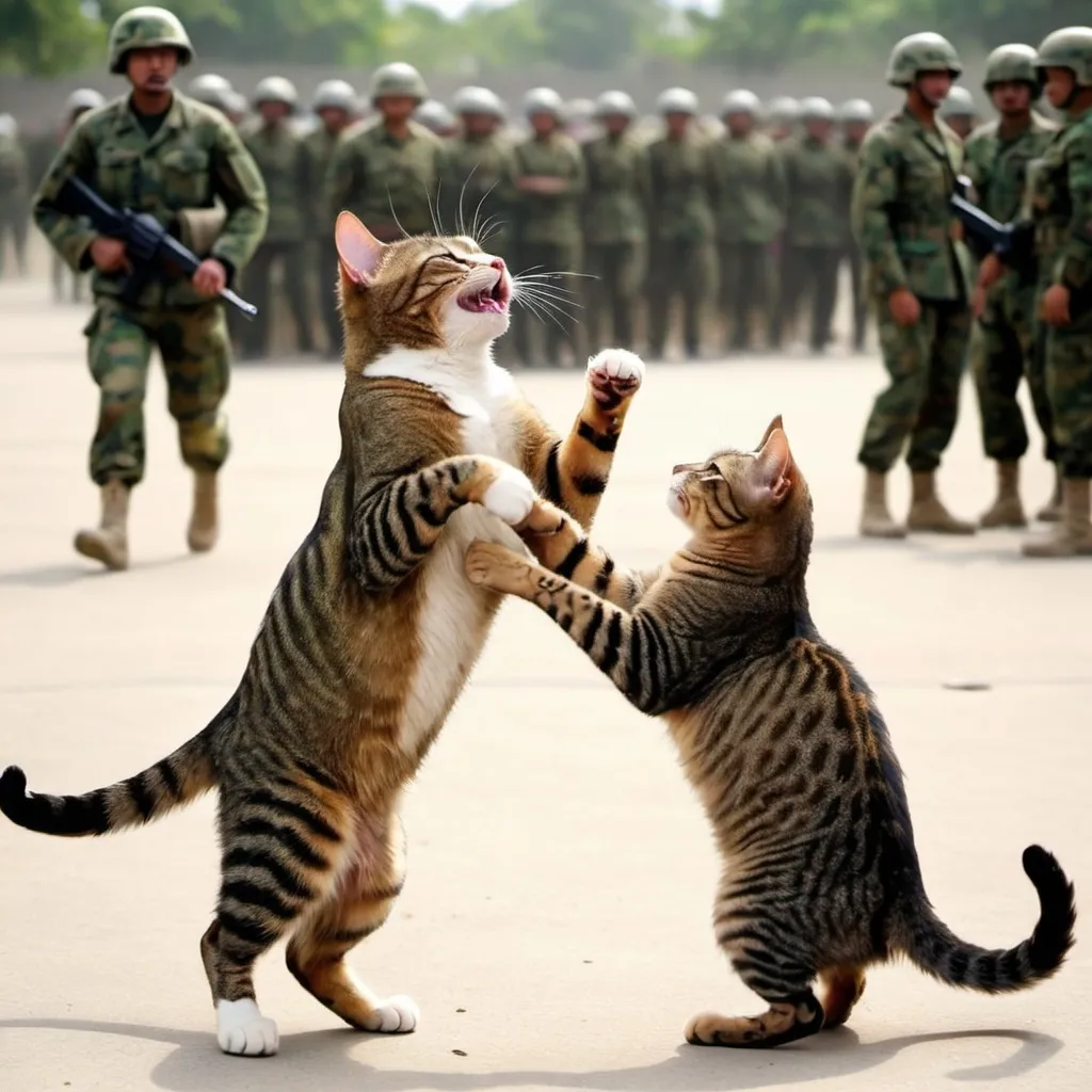 Prompt: Cat fight with army