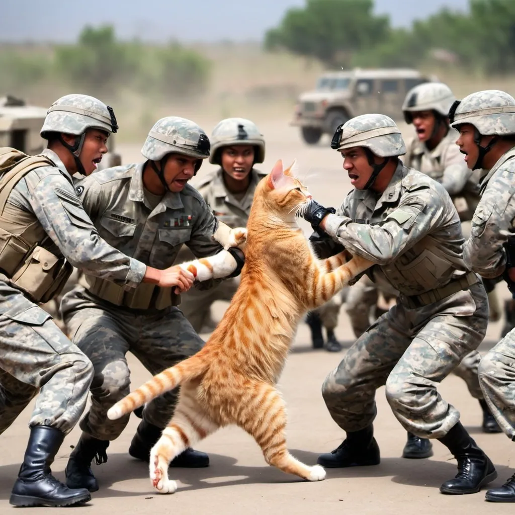 Prompt: Cat fight with army