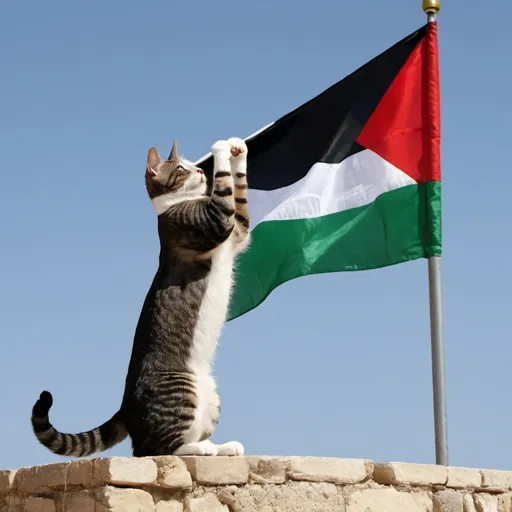 Prompt: cat raise palestine flag