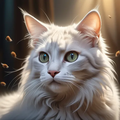 Prompt: (realism style), captivating cat, serene demeanor, delicate flies surrounding, cool color scheme, soft shadows, ethereal lighting, whimsical atmosphere, balance of nature and curiosity, high-definition (4K), meticulous details in fur and flies, enticing interplay between the cat and its surroundings.