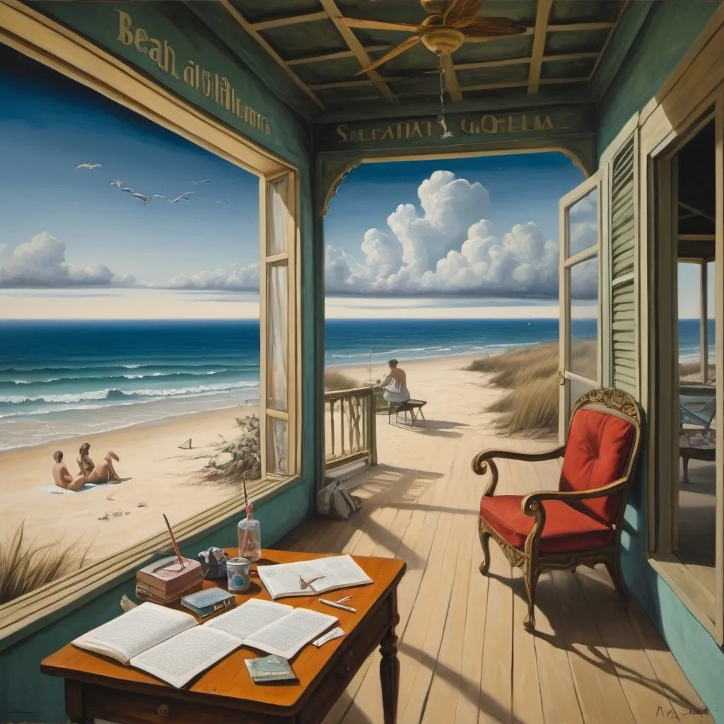 Prompt: A surreal painting including writing a novel, a beach veranda and a cigarette