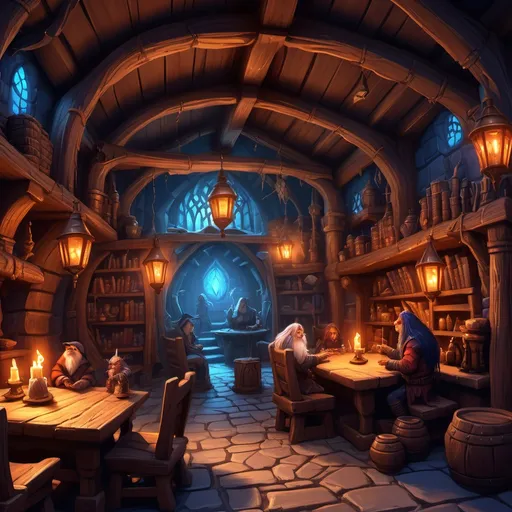 Prompt: (Tavern of the Twin Wizards), vibrant fantasy setting, enchanting atmosphere, rich wooden textures, glowing magical artifacts, cozy and inviting interior, (wizards: red and blue), (unique troll-like wizard), intricate details on robes, whimsical furniture, ancient tomes scattered about, (dark crystal inspiration), illuminated by shimmering, warm light, fantasy art style, ultra-detailed, HD.