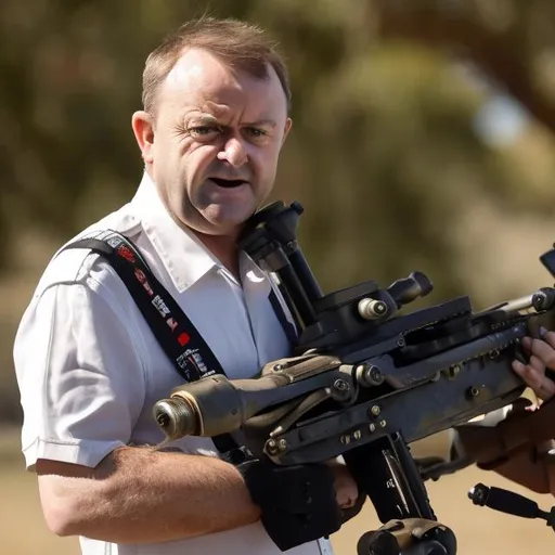 Prompt: Anthony Albanese   machinegun
