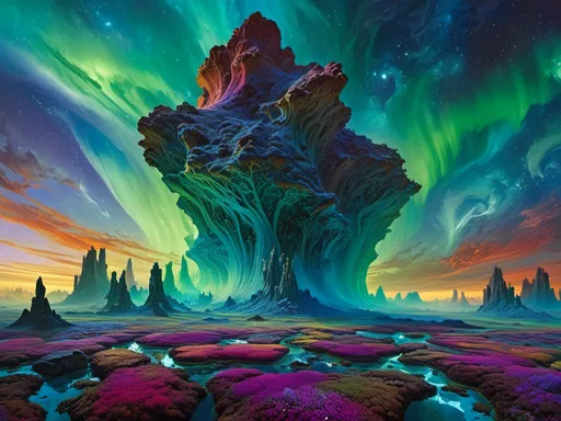 Prompt: <mymodel> Aurora Plains with Floating Rock Gardens
"A vast, open plain where the grass is a deep blue, swaying gently under a sky filled with dancing auroras of every color, and massive, flat rocks float just above the ground, each covered in meticulously arranged gardens of alien plants that thrive in the strange, ethereal light."