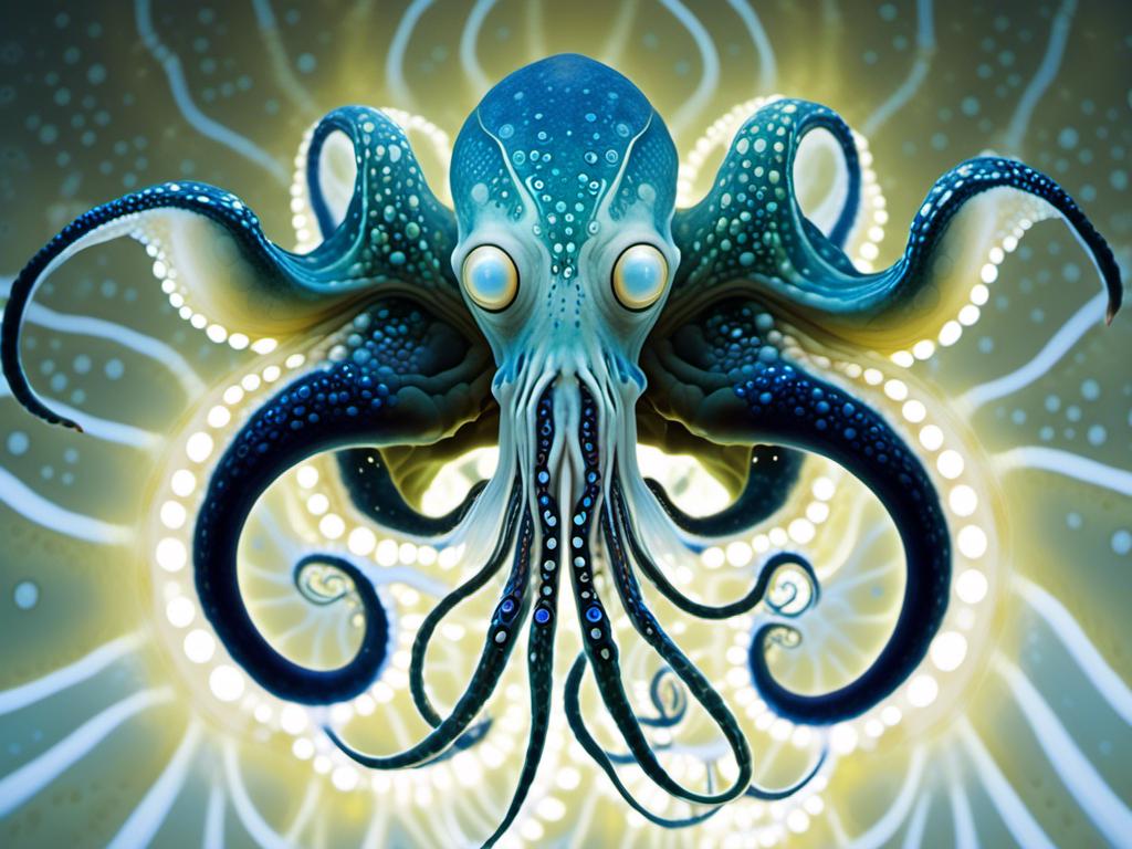 Prompt: <mymodel>Radiant Tendril Squid
"A close-up of a squid-like cephalopod with thin, elongated tendrils that radiate from its body, each tendril glowing with a bright, white light that fades to blue at the tips, creating a halo effect around the creature as it drifts through the dark water."