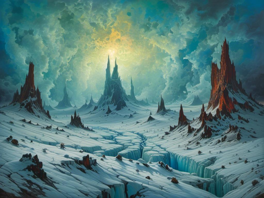 Prompt: <mymodel> Burning Ice Fields with Wind-Turbine Forests
"A seemingly paradoxical landscape where fields of ice burn with a cold, blue flame under an eternally dark sky, and forests of towering wind turbines spin silently in the icy wind, their blades generating a constant, low hum that reverberates through the ground."