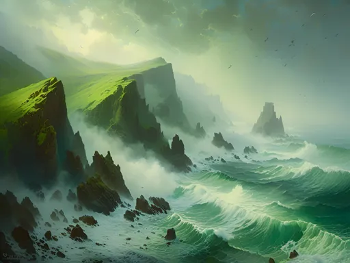 Prompt: <mymodel>Misty Cliffside Coast
"A rugged coastline with towering cliffs shrouded in thick mist, the sheer rock faces plunging into crashing waves below, with patches of vibrant green moss clinging to the stone and seabirds circling in the foggy air."