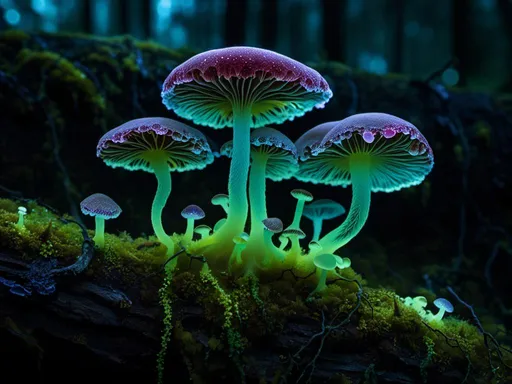 Prompt: <mymodel>Bioluminescent Fungi
"A macro shot of glowing, bioluminescent fungi growing on a moss-covered log, with each cap emitting a soft, greenish light that contrasts against the dark, damp wood, and delicate, spore-like filaments extending outward, gently pulsing as they release a faint mist into the air."