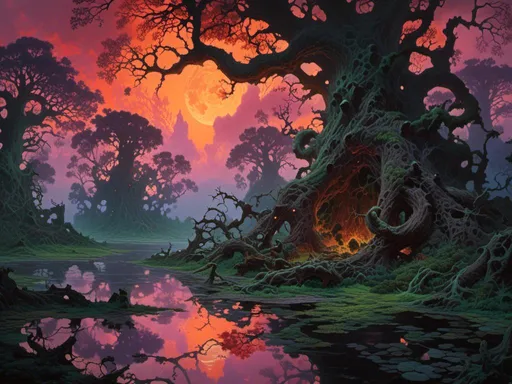 Prompt: <mymodel>A twilight swamp where the water is a deep, inky black, reflecting the darkened sky above, with massive, twisted trees draped in thick, luminescent vines and glowing eyes peering from the shadows.